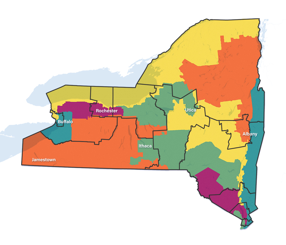 Existing districts are shown with black borders. The color blocks represent an hypothetical example of a gerrymandered upstate New York. Democrats could make it harder for Rep. Elise Stefanik to get reelected by splitting up her North Country district. Full New York State map